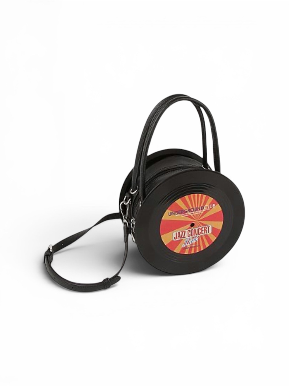 Black Round Crossbody Bag with Jazz Concert Graphic